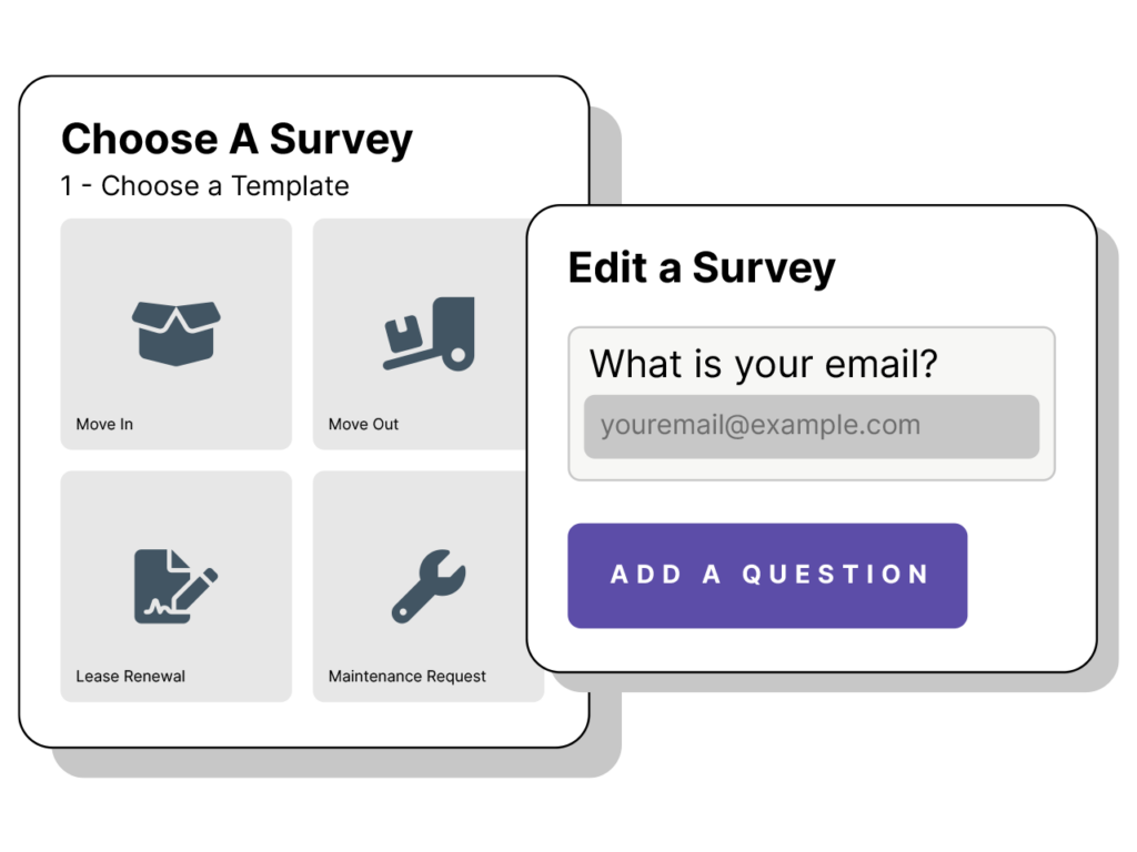 Illustration showing survey template options and edit screen