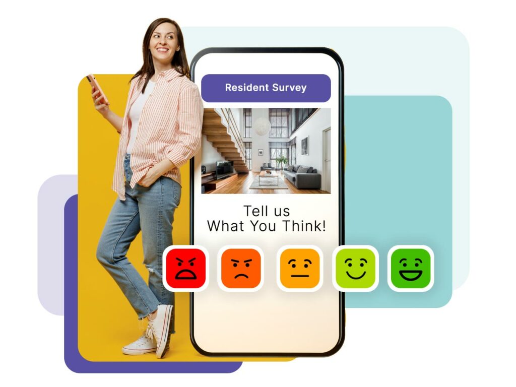 Woman standing next to a large cell phone which is displaying a survey