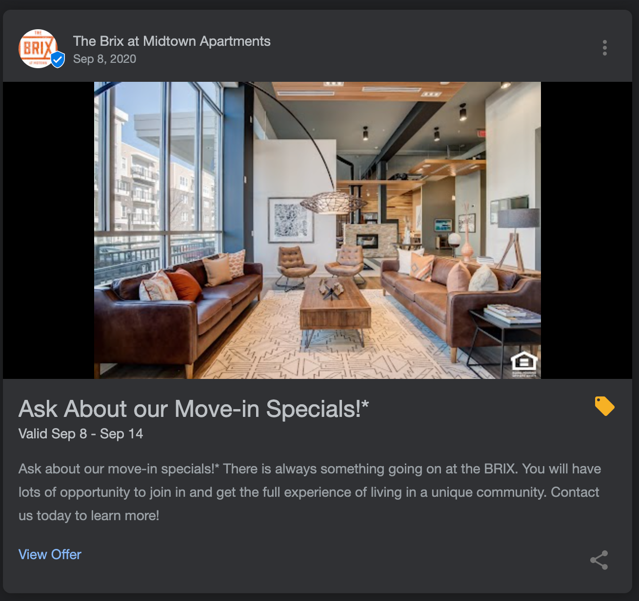 A screenshot of a Google Business Profile post offering move in specials