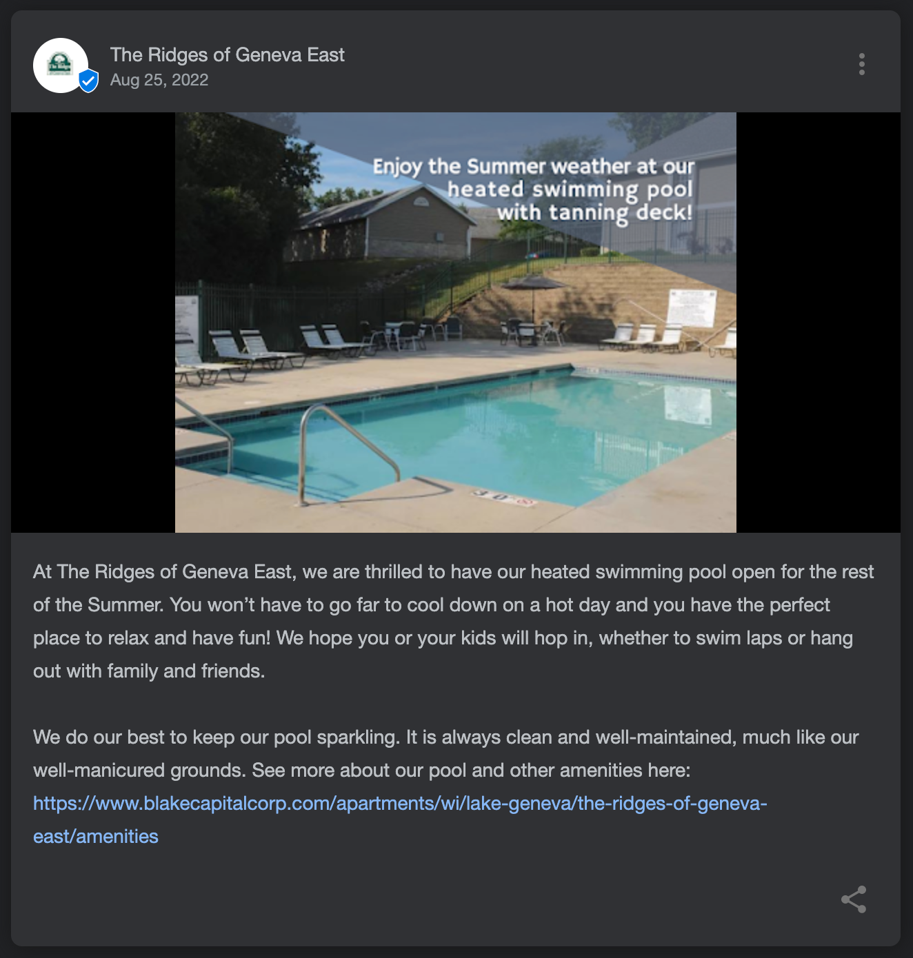 A screenshot of a Google Business Profile post advertising apartment amenity