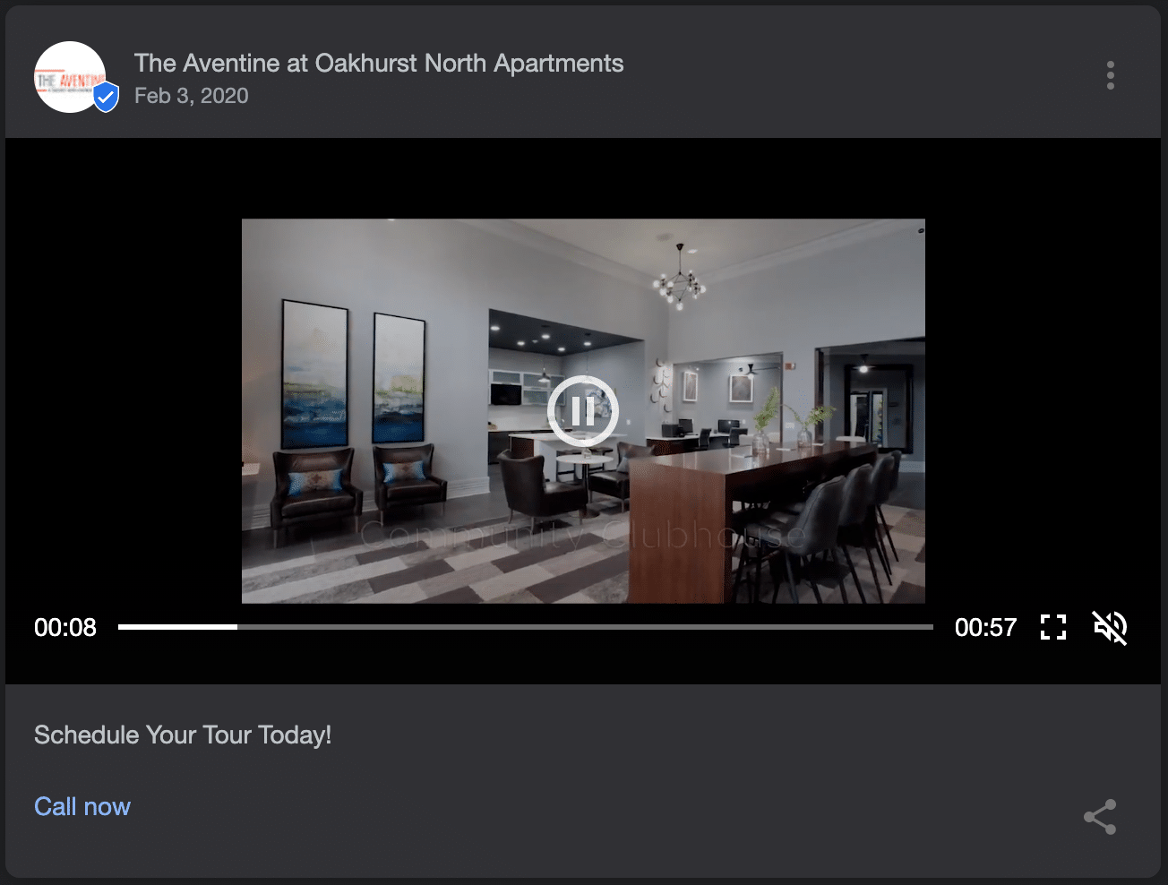 Google Business Profile post that includes a video tour of an available unit.
