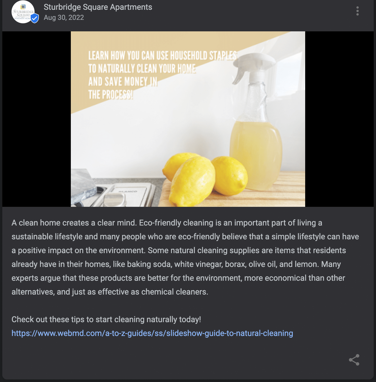 A Google Business Profile post offering advise on natural cleaning solutions