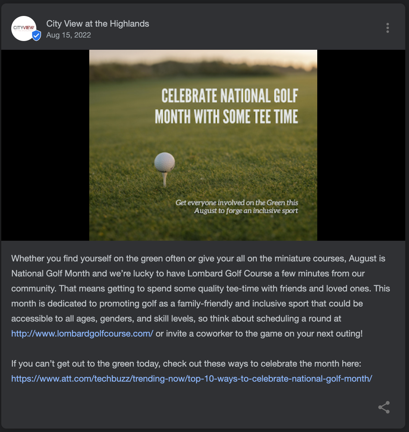 A Google Business Profile post celebrating National Golf Month