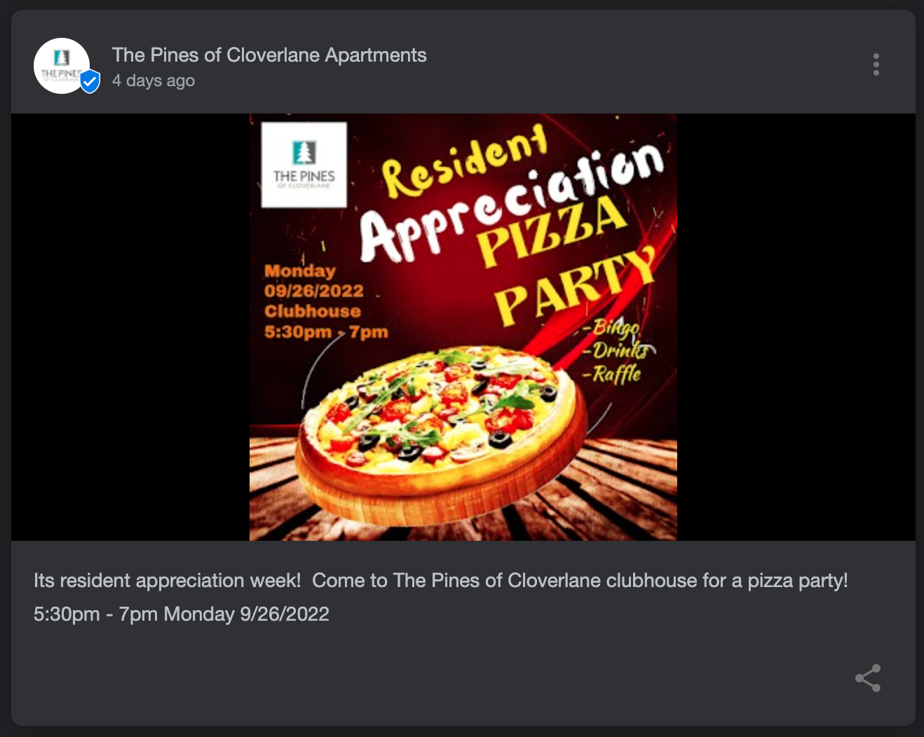 A Google Business Profile post advertising a resident appreciation pizza party