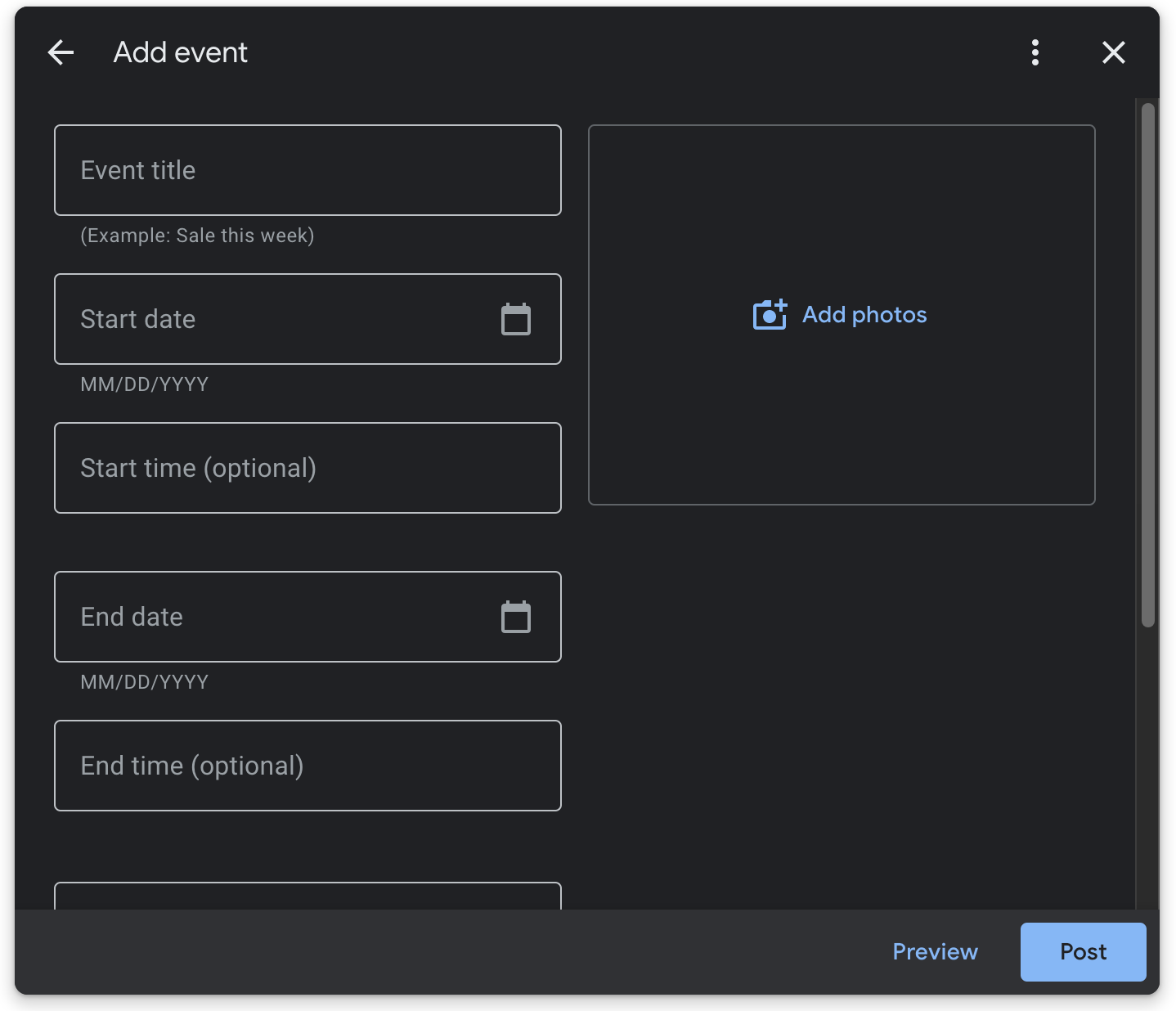 A screenshot of Google Business Profile's 'Add event' feature