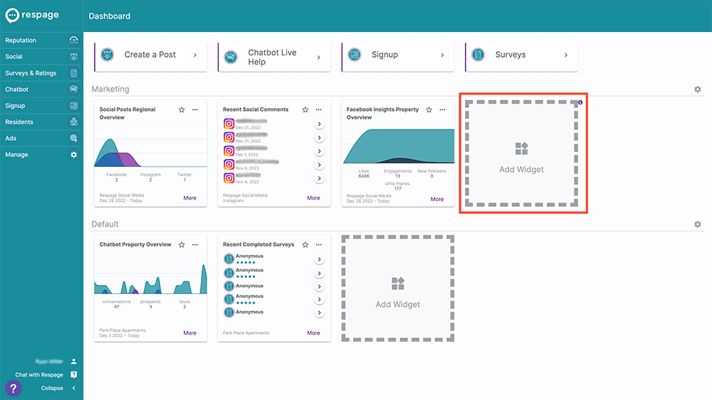 A screenshot of the Respage Social Dashboard highlighting the 'Add Widget' button.