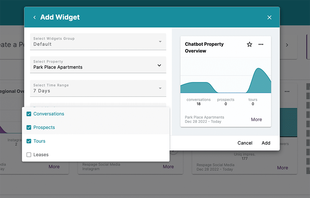 A screenshot of the widget overview providing options to select the metric you would like displayed on the home screen in the Respage Social Dashboard.