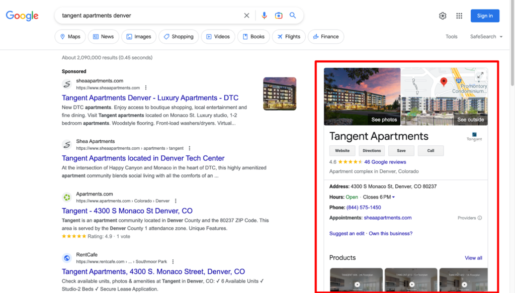 A screenshot example of how a Google Business Profile shows up on desktop