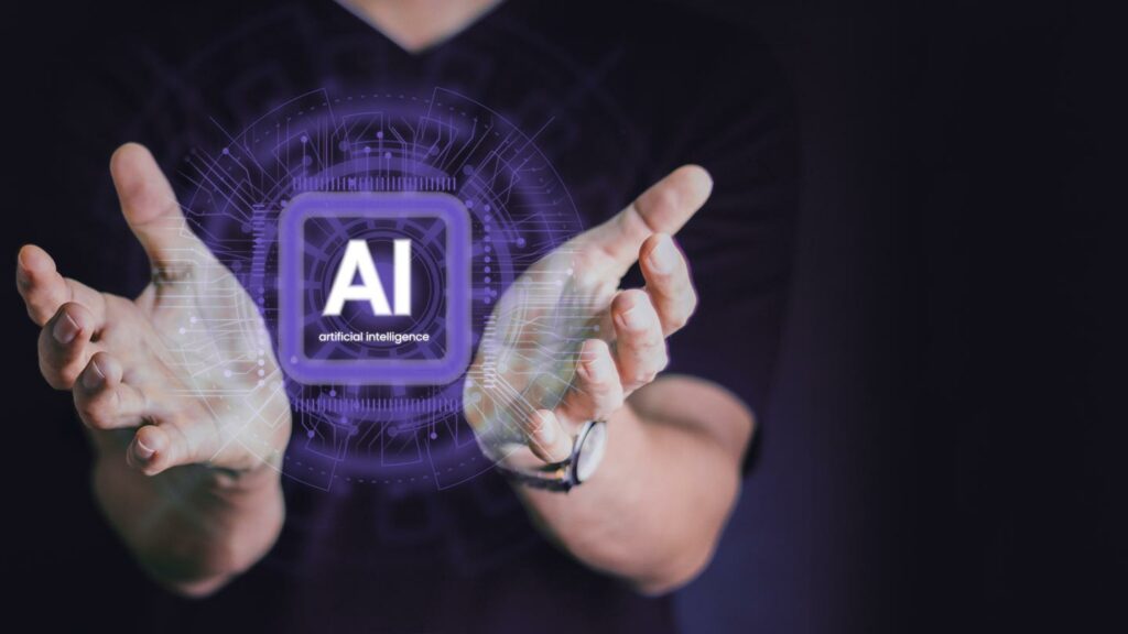 Hands holding a holographic display of an AI chip