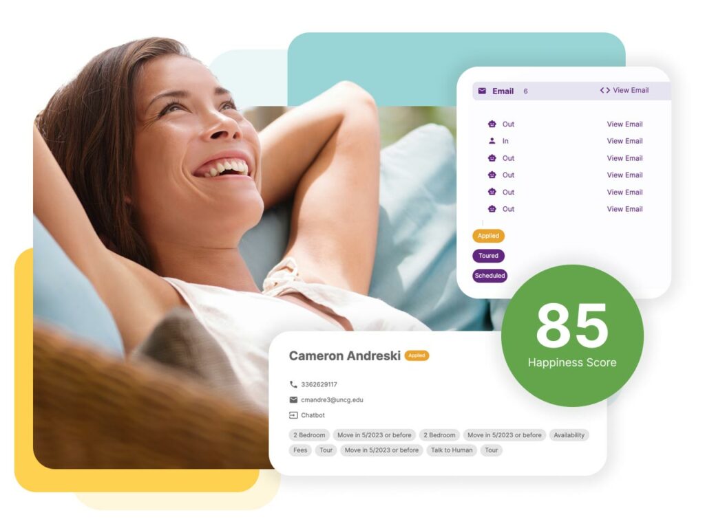 Graphic depicting screens for Respage's smart leasing platform CRM with a smiling woman in the background
