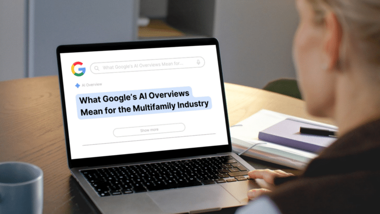 AI overview of the blog title, "What Google AI Overviews Mean for the Multifamily Industry," shown in Google search results on a desktop screen.