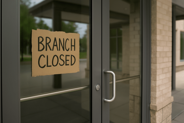 Cardboard sign taped to a commercial door with ‘Branch Closed’ handwritten in marker, a metaphor for multifamily marketing mistakes.