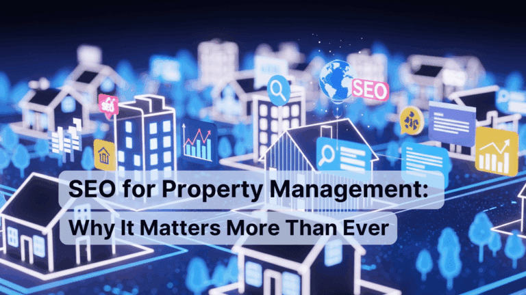AI-generated grid of modern apartment buildings with 'SEO for Property Management' title text overlayed