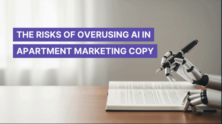 A sleek robot hand holds a classic black fountain pen, poised thoughtfully over an open book on a polished wooden desk. The clean, minimalist composition leaves space for the overlay, "The Risks of Overusing AI in Apartment Marketing Copy".