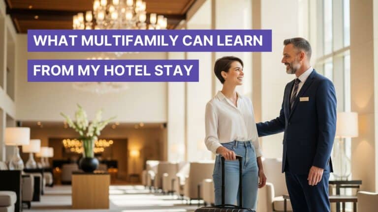 Illustration of a hotel lobby and apartment leasing office to compare customer experience touchpoints