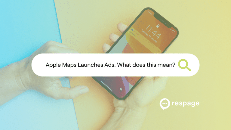 Someone holding an iPhone Apple Device with text overlay about Apple releasing Apple Maps Ads