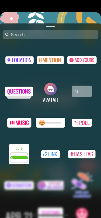 Instagram story giving directions on how to add stickers to your story Screenshot of Instagram story with different sticker options