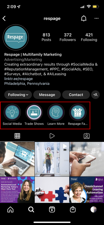 Screenshot of Respage Instagram account showing how to add highlights to your story