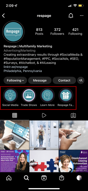 Respage Instagram account home page showing highlights Screenshot of Respage Instagram account showing how to add highlights to your story
