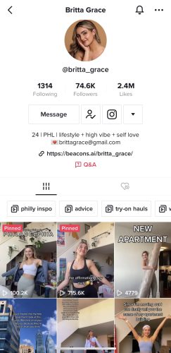 Screenshot of Britta Grace TikTok Account