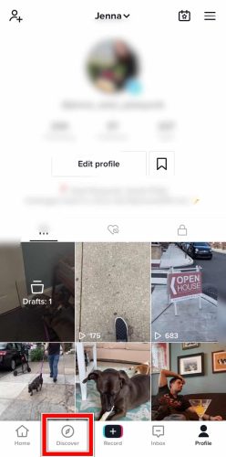 Screenshot showing discover button on TikTok account