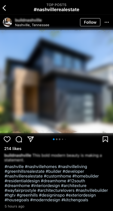 Screenshot showing an Instagram post using the hashtag Nashville Real Estate with other corresponding hashtags underneath image