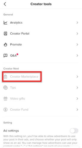 Screenshot of the creator marketplace tab in TikTok account