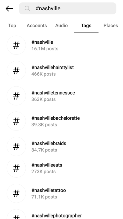 Screenshot of an Instagram account on a mobile device using the #Nashville